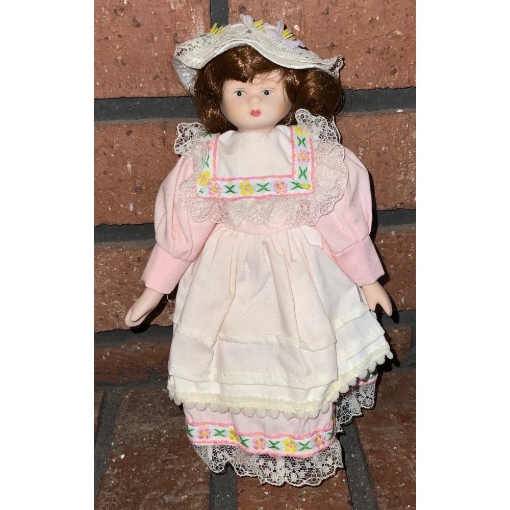 Vintage Porcelain 8" Doll Pink Lace Victorian Floral Dress Auburn Hair